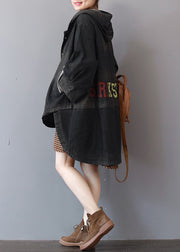 Neue dunkelgraue Denim-Mäntel, trendiger Plus-Size-Trenchcoat mit Kapuze, feiner Low-High-Design-Mantel