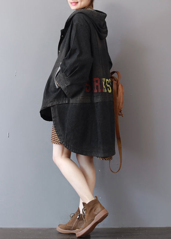 Neue dunkelgraue Denim-Mäntel, trendiger Plus-Size-Trenchcoat mit Kapuze, feiner Low-High-Design-Mantel