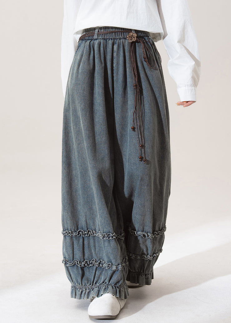 Nostalgic Blue Patchwork Elastic Waist Wide Leg Jeans