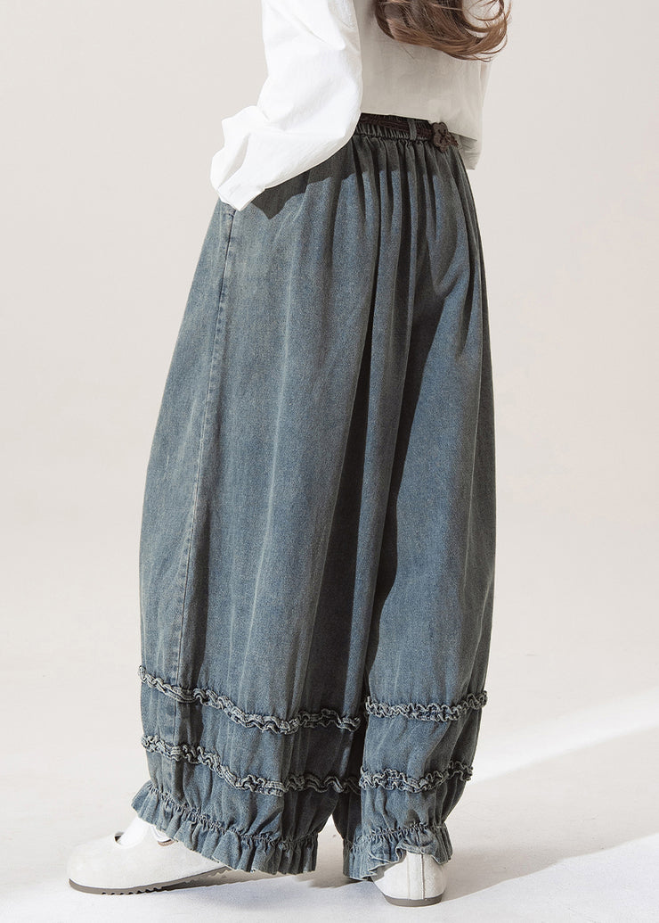 Nostalgic Blue Patchwork Elastic Waist Wide Leg Jeans