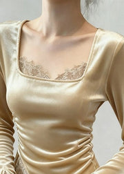 Novelty Apricot Square Collar Lace Patchwork Silk Velour T Shirts Fall