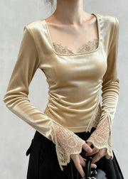 Novelty Apricot Square Collar Lace Patchwork Silk Velour T Shirts Fall