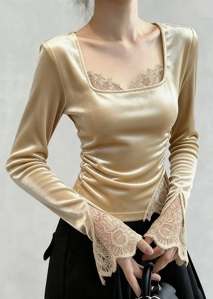 Novelty Apricot Square Collar Lace Patchwork Silk Velour T Shirts Fall