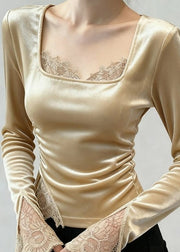 Novelty Apricot Square Collar Lace Patchwork Silk Velour T Shirts Fall