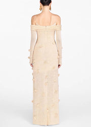 Novelty Beige Floral Slash Neck Knit Maxi Dresses Fall