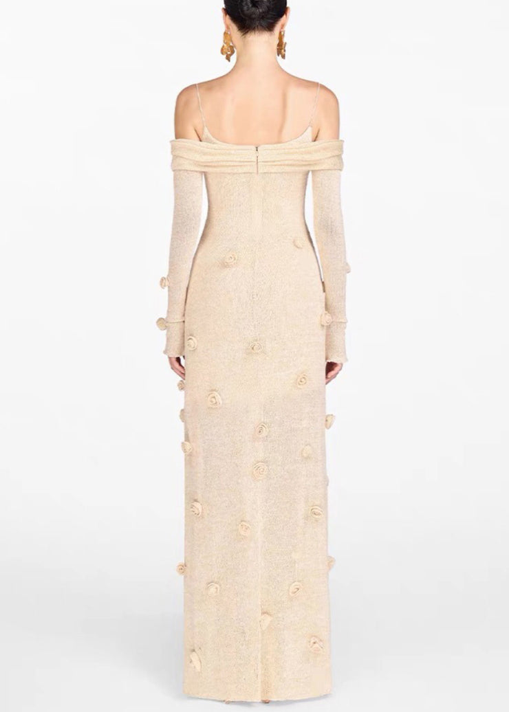 Novelty Beige Floral Slash Neck Knit Maxi Dresses Fall