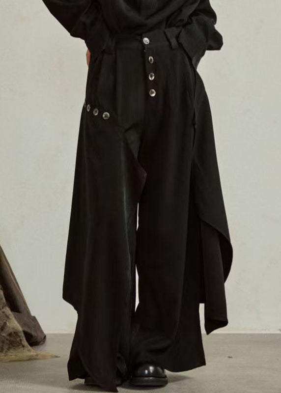 Novelty Black Asymmetrical Patchwork Button Wide Leg Pants Skirt