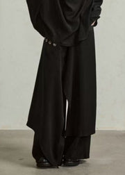 Novelty Black Asymmetrical Patchwork Button Wide Leg Pants Skirt