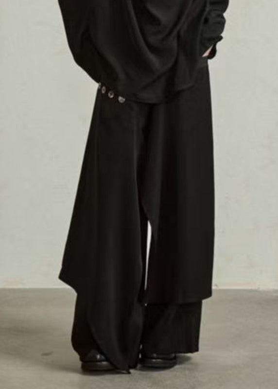 Novelty Black Asymmetrical Patchwork Button Wide Leg Pants Skirt