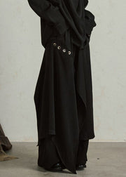 Novelty Black Asymmetrical Patchwork Button Wide Leg Pants Skirt