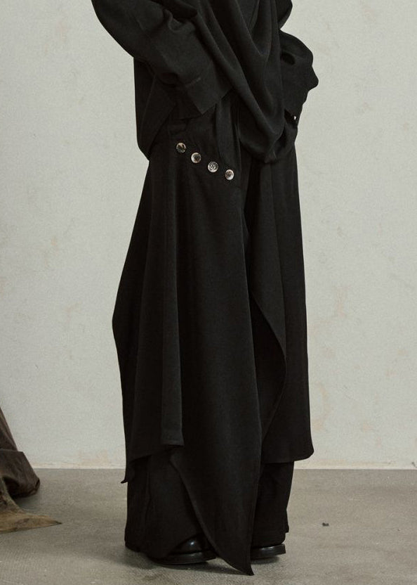 Novelty Black Asymmetrical Patchwork Button Wide Leg Pants Skirt