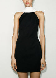 Novelty Black Backless Patchwork Cotton Mini Dresses Sleeveless