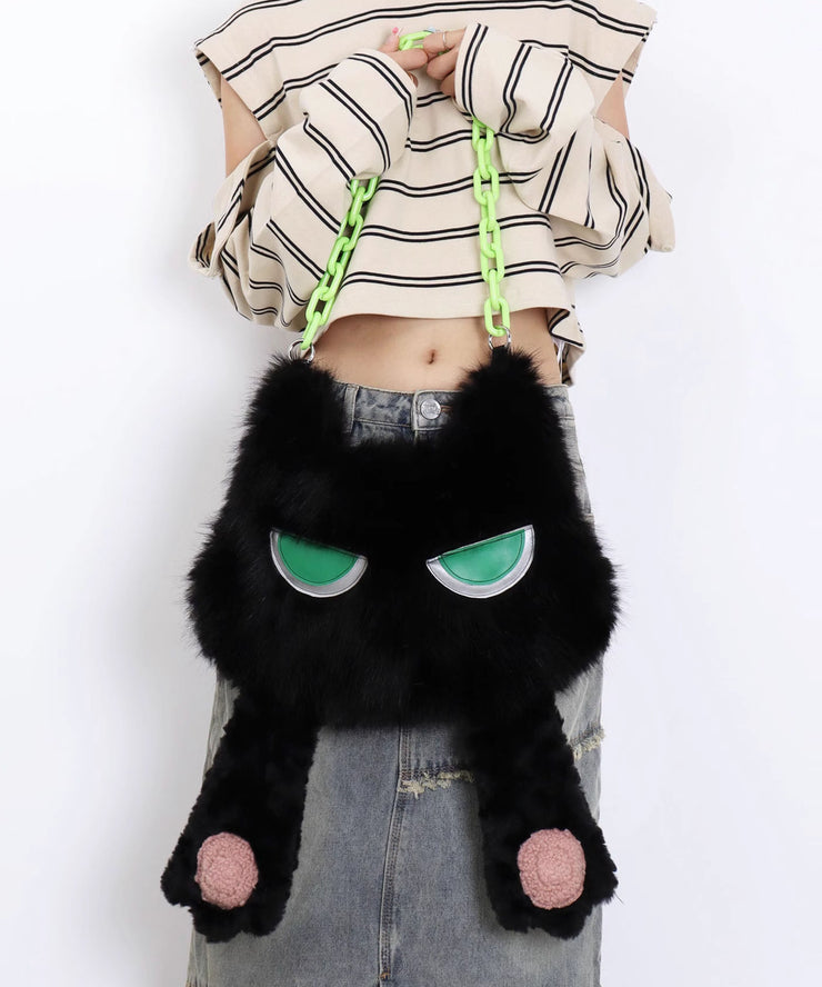 Novelty Black Cat Shaped Fuzzy Fur Fluffy Girls Handbags