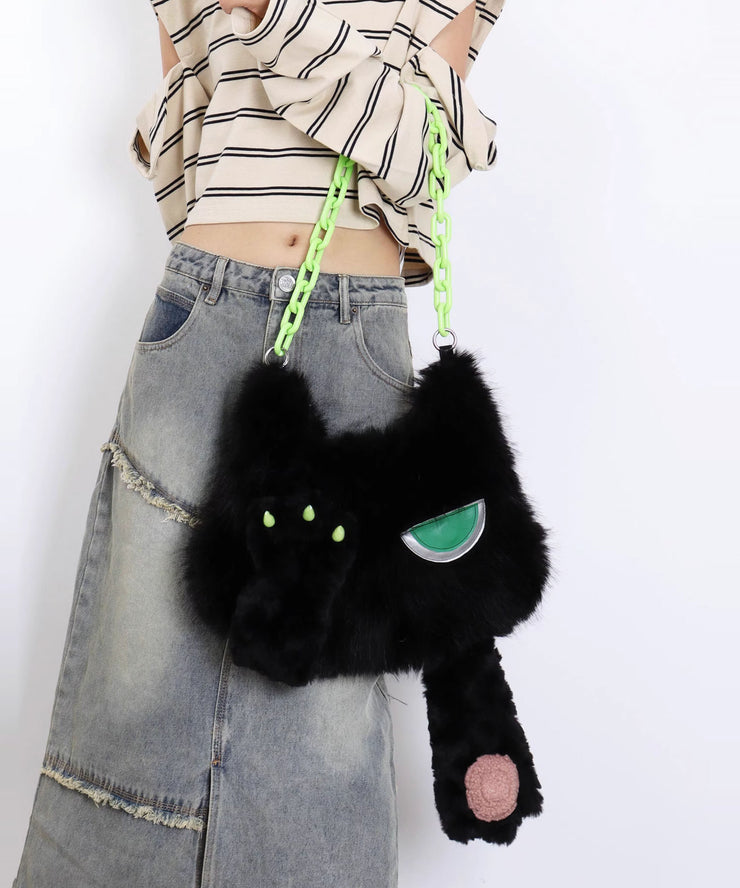 Novelty Black Cat Shaped Fuzzy Fur Fluffy Girls Handbags