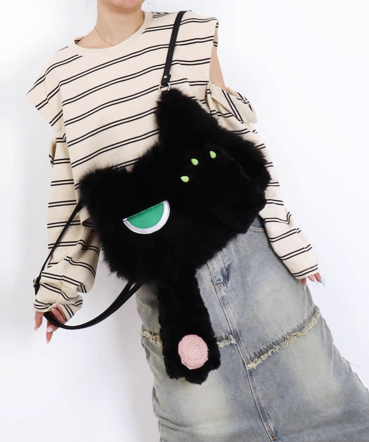 Novelty Black Cat Shaped Fuzzy Fur Fluffy Girls Handbags