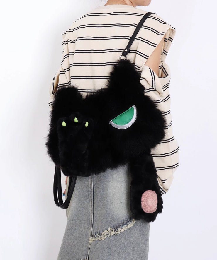 Novelty Black Cat Shaped Fuzzy Fur Fluffy Girls Handbags