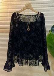 Novelty Black Hollow Out Button Tank And Shirts Two Pieces Set Flare Sleeve