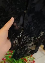 Novelty Black Hollow Out Button Tank And Shirts Two Pieces Set Flare Sleeve