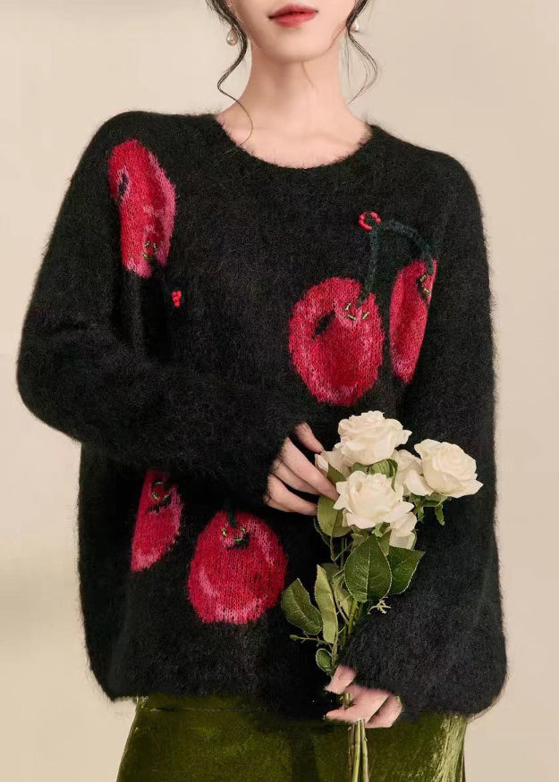 Novelty Black O-Neck Print Cozy Cotton Knit Sweaters Fall