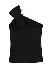 Novelty Black One Shoulder Asymmetrical Patchwork Vests Sleeveless