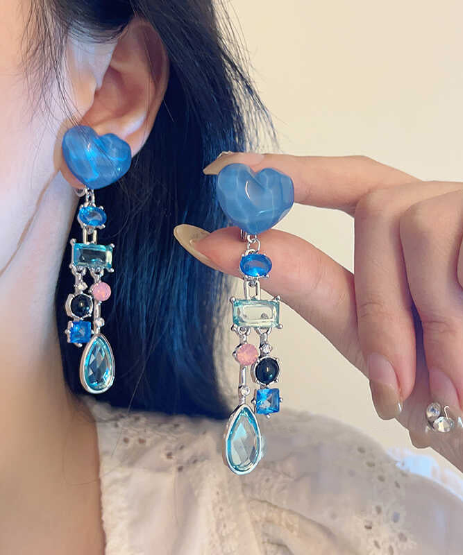 Novelty Blue Alloy Resin Glass Love Tassel Drop Earrings