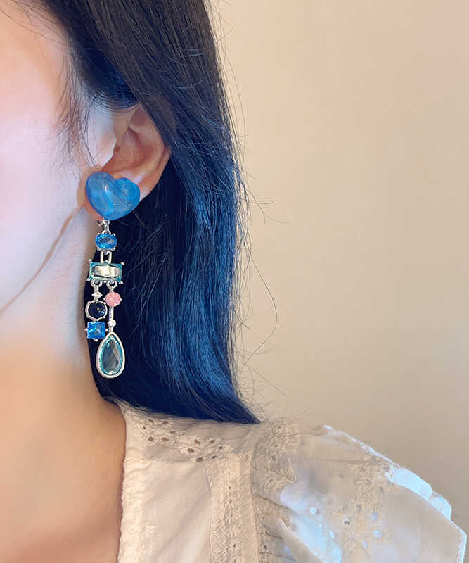 Novelty Blue Alloy Resin Glass Love Tassel Drop Earrings