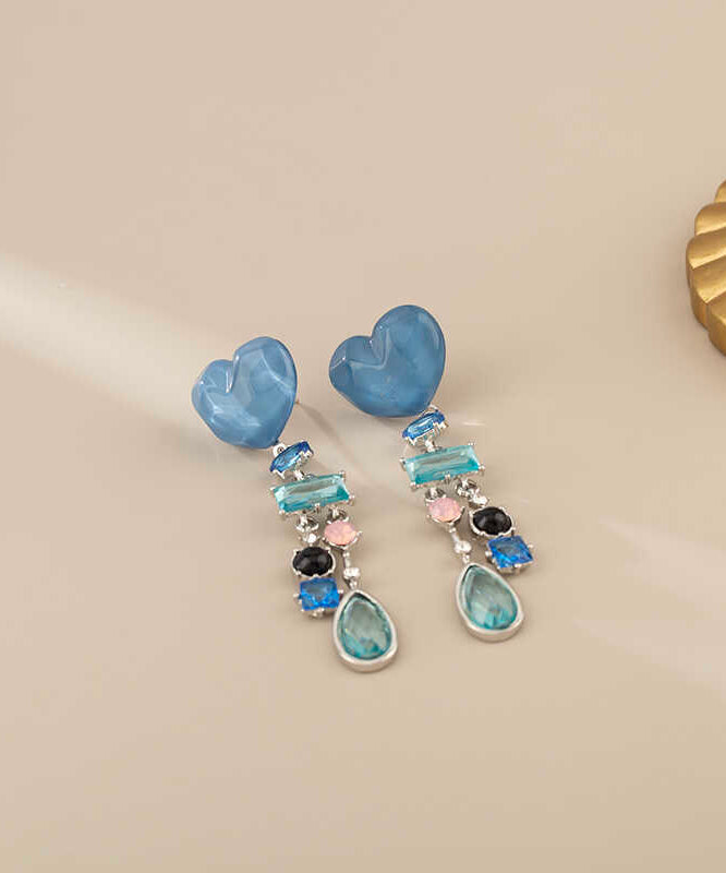 Novelty Blue Alloy Resin Glass Love Tassel Drop Earrings