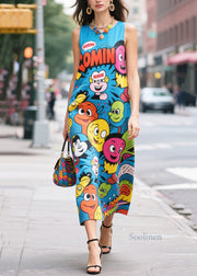 Novelty Blue Character Print Chiffon Straight Dresses Sleeveless