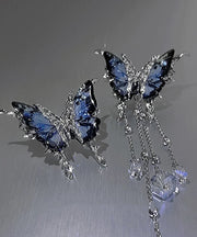 Novelty Blue Copper Alloy Crystal Resin Butterfly Tassel Asymmetrical Drop Earrings