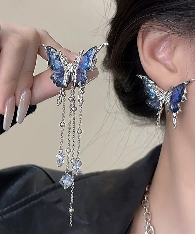 Novelty Blue Copper Alloy Crystal Resin Butterfly Tassel Asymmetrical Drop Earrings