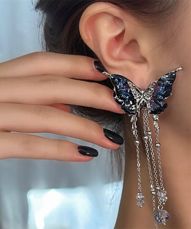 Novelty Blue Copper Alloy Crystal Resin Butterfly Tassel Asymmetrical Drop Earrings