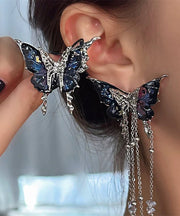 Novelty Blue Copper Alloy Crystal Resin Butterfly Tassel Asymmetrical Drop Earrings