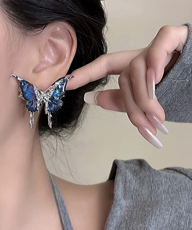 Novelty Blue Copper Alloy Crystal Resin Butterfly Tassel Asymmetrical Drop Earrings