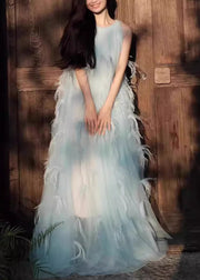 Novelty Blue Feather Patchwork Chiffon Robe Dresses Sleeveless
