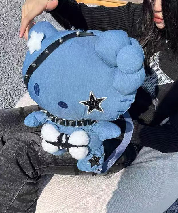 Novelty Blue Kitty Cat Asymmetrical Design Girls Backpack Bag
