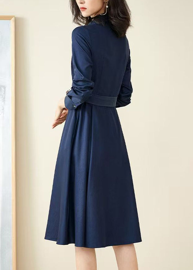 Novelty Blue Peter Pan Collar Button Sashes Maxi Dress Lantern Sleeve