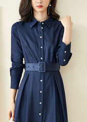 Novelty Blue Peter Pan Collar Button Sashes Maxi Dress Lantern Sleeve