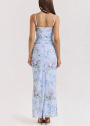 Novelty Blue Print Side Open Tulle Spaghetti Strap Dress Sleeveless