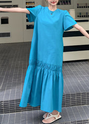 Novelty Blue Ruffled Patchwork Hollow Out Solid Long Dress Summer
