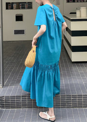 Novelty Blue Ruffled Patchwork Hollow Out Solid Long Dress Summer