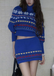 Novelty Blue Slash Neck Print Cotton Knit Sweater And Skirts Two Pieces Set Fall
