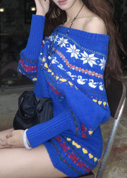Novelty Blue Slash Neck Print Cotton Knit Sweater And Skirts Two Pieces Set Fall