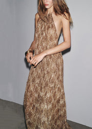Novelty Brown Backless Print Lace Up Cotton Long Dress Sleeveless