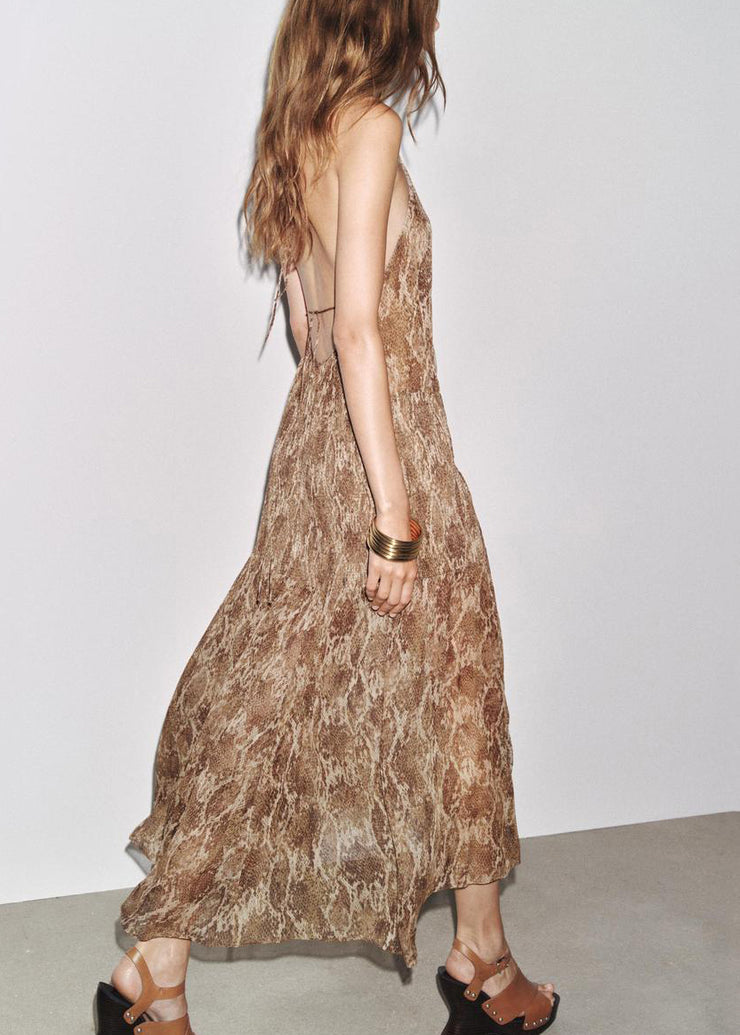 Novelty Brown Backless Print Lace Up Cotton Long Dress Sleeveless