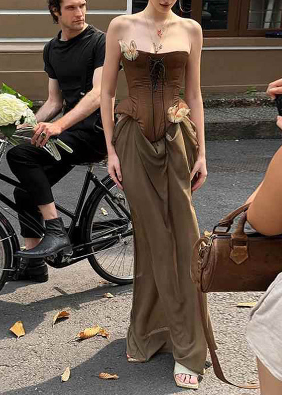 Novelty Brown Patchwork Cold Shoulder Vacation Maxi Dresses Summer