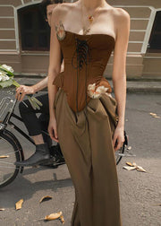 Novelty Brown Patchwork Cold Shoulder Vacation Maxi Dresses Summer