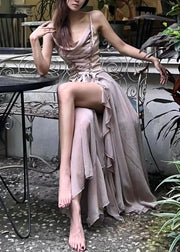 Novelty Coffee Lace Up High Waist Silk Spaghetti Strap Dress Sleeveless