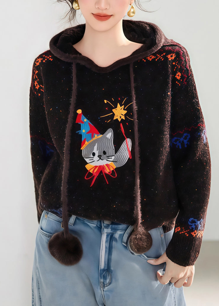 Novelty Coffee Tie Lace Print Thick Cotton Knit Hooded Sweater Fall