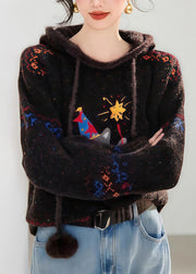 Novelty Coffee Tie Lace Print Thick Cotton Knit Hooded Sweater Fall