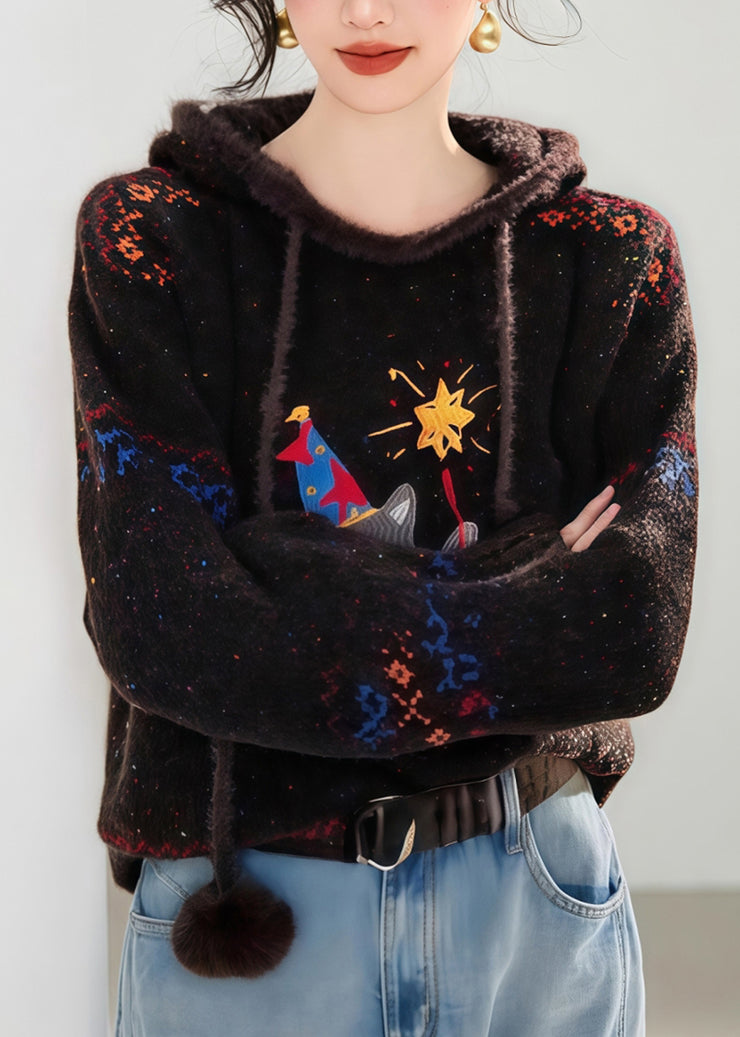 Novelty Coffee Tie Lace Print Thick Cotton Knit Hooded Sweater Fall